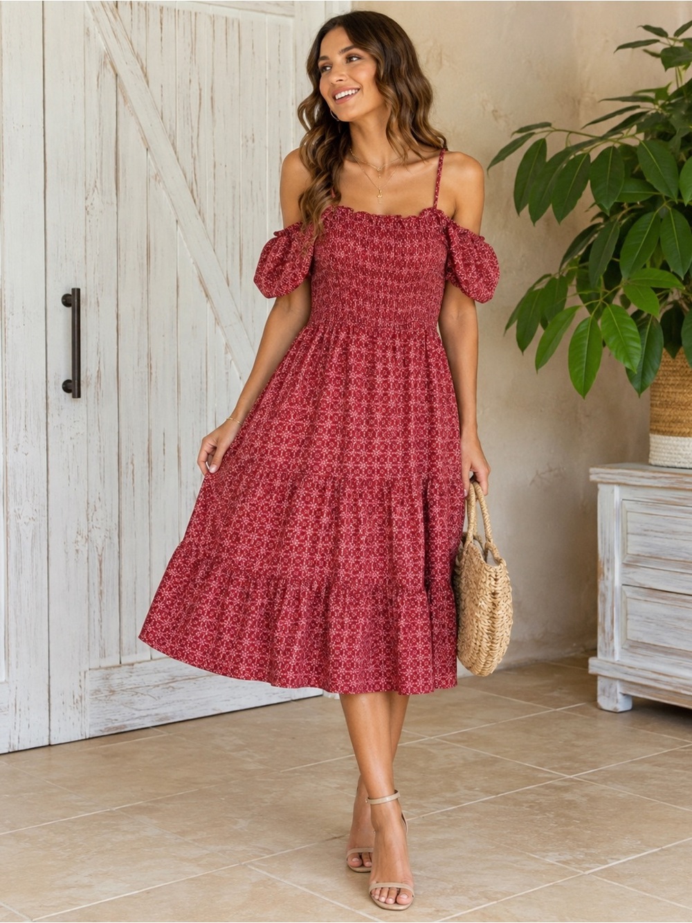 Altar'd State Cold-Shoulder Smocked Tiered Ruffle Boho Dress - Size Medium